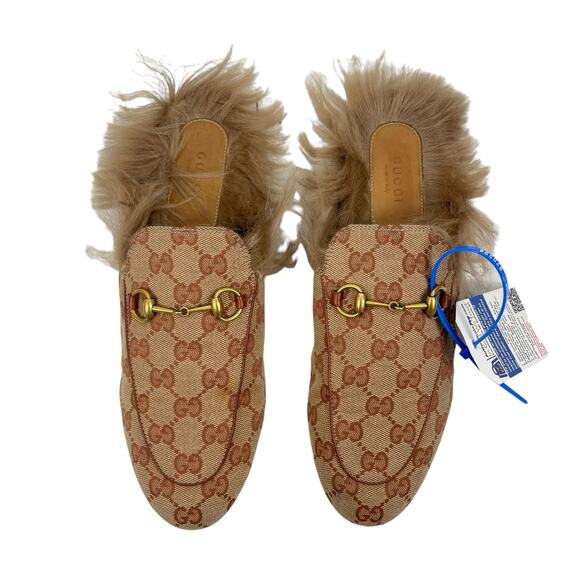 Gucci GG Monogram Fur Princetown Mules Horsebit Natural Size 39.5 - Picture 1 of 11